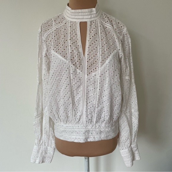 FRAME High Neck Puff Sleeve Keyhole Ivory Ramie Long Sleeve Eyelet Party Top M - Picture 5 of 12